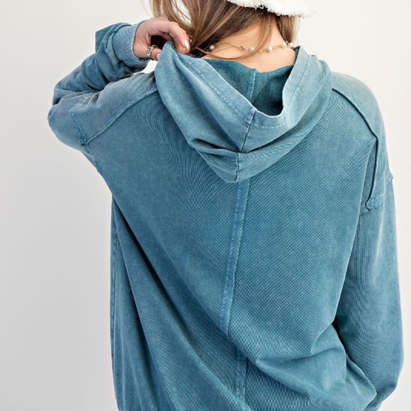 NEW EASEL CLOTHING WASHED TERRY KNIT PULLOVER PEACE HOODIE TEAL SWEATSHIRT - Picture 5 of 8